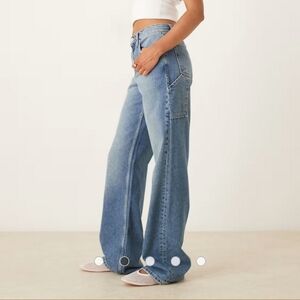 Free People Tinsley Baggy Mid-Rise Straight Leg Jeans in Mid Wash Blue 29 Slouch